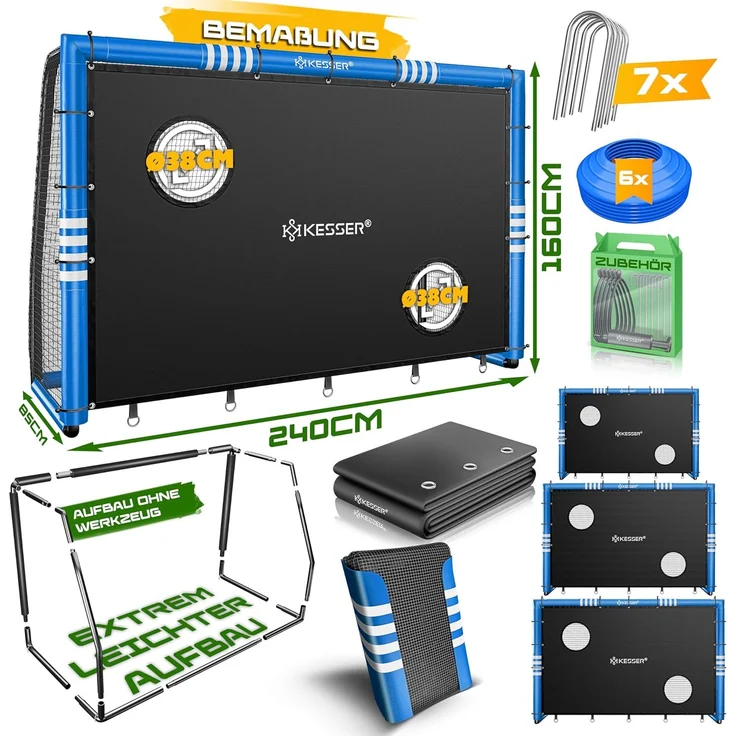 KESSER® Fußballtor für Garten, Schusstraining, UV-beständiges Netz, Stahlrahmen mit Polsterung, Erdhaken, Luftpumpe, Hüttchen, Montagezubehör, für Kinder und Erwachsene, Blau, 240 cm, mit Torwand – Bild 7