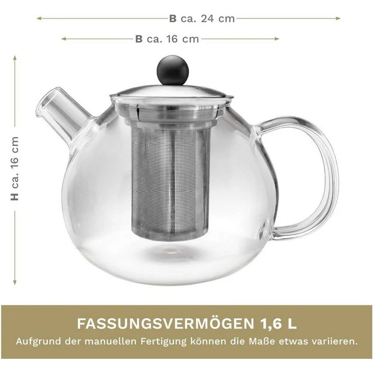 Creano Teekanne Creano Teekanne mit Siebeinsatz aus Glas 1,6l - Glasteekanne mit Edels, 1x Glasteekanne – Bild 3