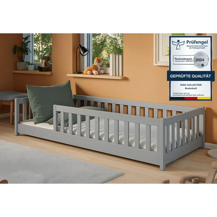 Kids Collective Kinderbett Bodenbett Bett mit Rausfallschutz & Lattenrost Montessori Bett Kinder (weitere Größen 80x160, 80x180, 90x190, 120x200, 140x200 cm), Jugendbett Einzelbett Aschgrau Kiefer 90x200 cm