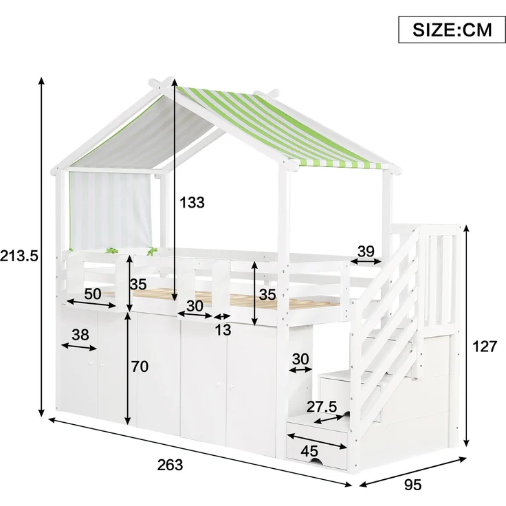 Bett 90x200 cm Etagenbett mit Stauraum und Fallschutzgitter – Weiß/Grün, mit Kleiderschrank – Bild 4