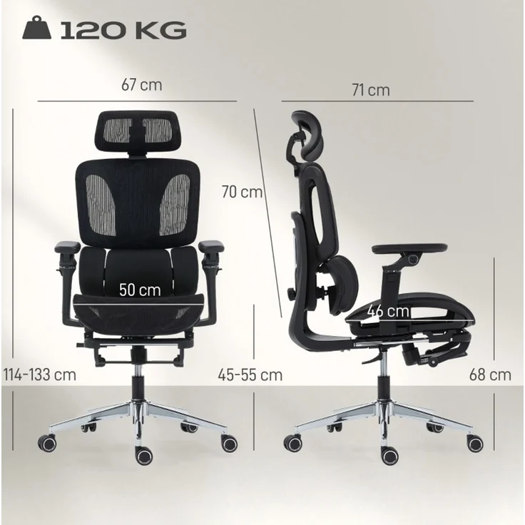 Ergonomischer Bürostuhl mit Netzbezug, 6D-Armlehnen und Fußstütze, 71x67x133 cm, Schwarz – Bild 3