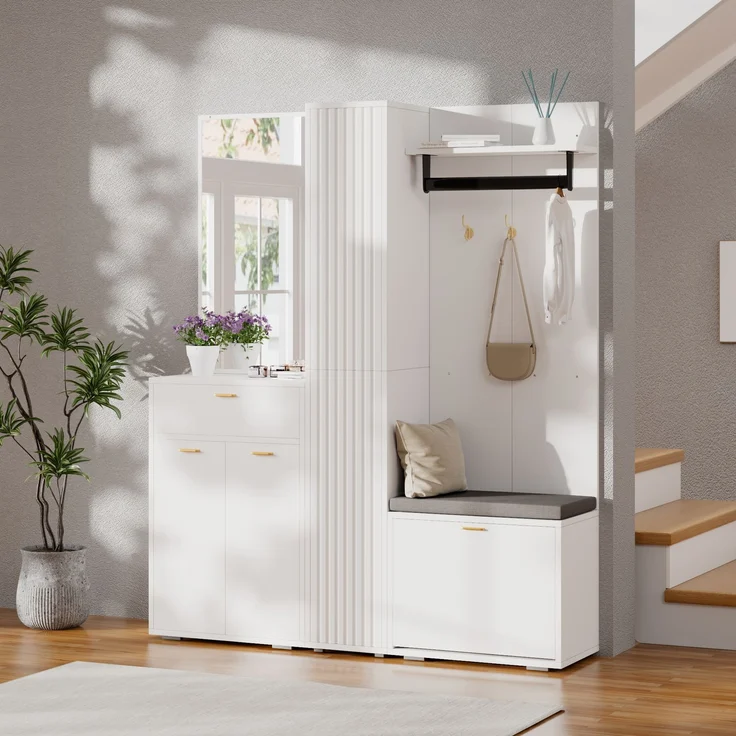 Garderobenset Wandgarderobe –Kompaktgarderobe Schmaler mit Spiegel-Anrichte, Kleiderstange, 3 Türen, Kippfach-Schuhregal, Sitzbank und Schublade, Flurschrank für Diele, Weiß,150x36x180(N657P38724789W)--Weiß--150x36x180cm--YOUDENOVA – Bild 3