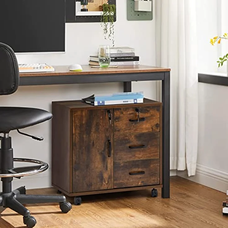 TUKAILAI Rollcontainer Aktenschrank aus Holz, Abschließbar Büroschrank mit 3 Schubladen und Tür, Mobiler Schreibtisch Unterschrank mit 4 Rollen für Büro Arbeitszimmer Wohnzimmer, 40×60×57 cm, Braun – Bild 3