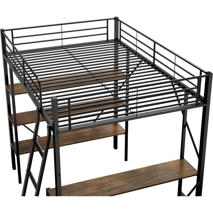 Merax 90 x 200cm Bettgestell Metallbett, Eisenbett, Hochbett mit Schreibtisch und drei großen Ablagen für Kinder, Jugendliche und Erwachsene, schwarz – Bild 6