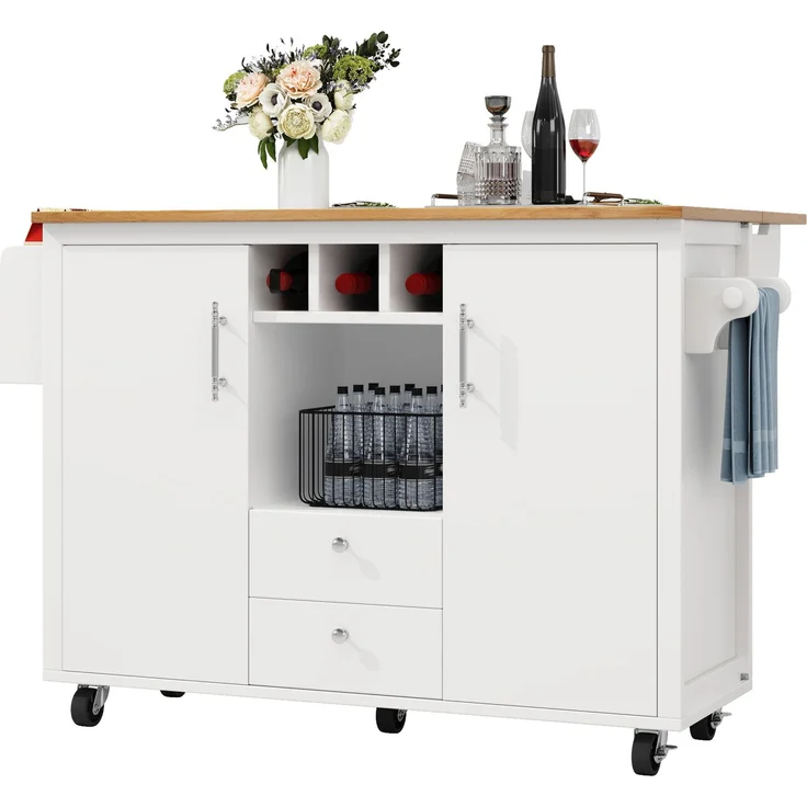 Merax Kücheninsel, Buffetschrank, Küchenschrank, Küchenwagen und klappbarer Arbeitsplatte mit Handtuchhalter Gewürzregal Türregal Weinregal und verstellbaren Einlegeböden, weiß – Bild 10