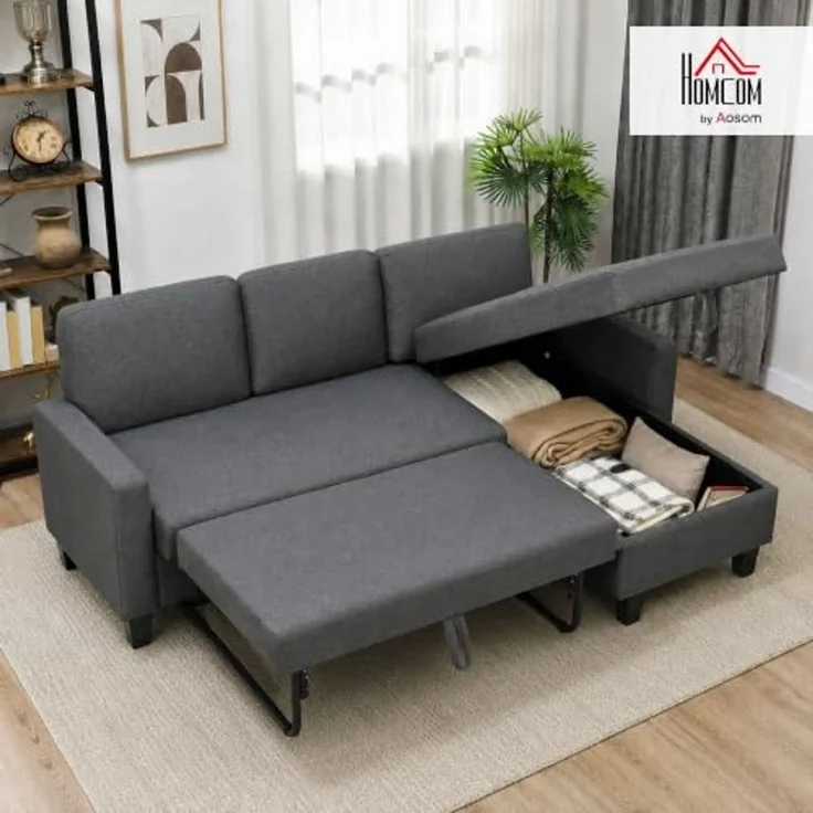 HOMCOM Ecksofa L-Form 3-Sitzer Sofa Schlafsofa mit Bettkasten, Leinenoptik, mit Verwandelbarer Chaiselongue 1 Teile, für Wohnung, Wohnzimmer, Dunkelgrau – Bild 2