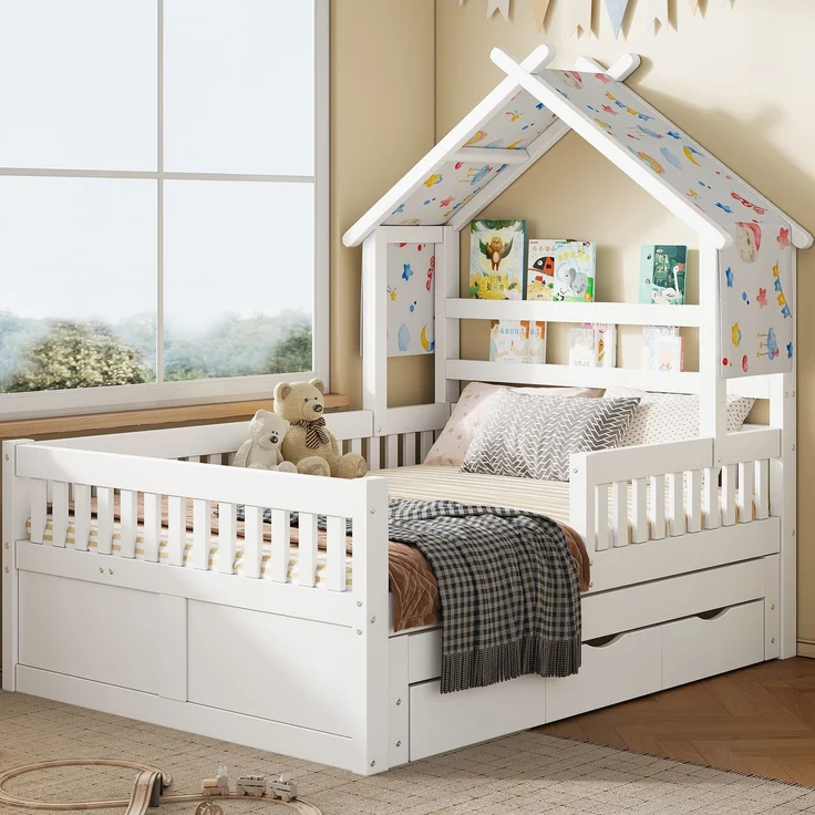Holzplattformbett, hausförmig, 140 x 200 cm, mit Ausziehbett, 3 Schubladen und Sicherheitsgittern, weiß.--Weiß--205x145x190cm--YOUDENOVA – Bild 2