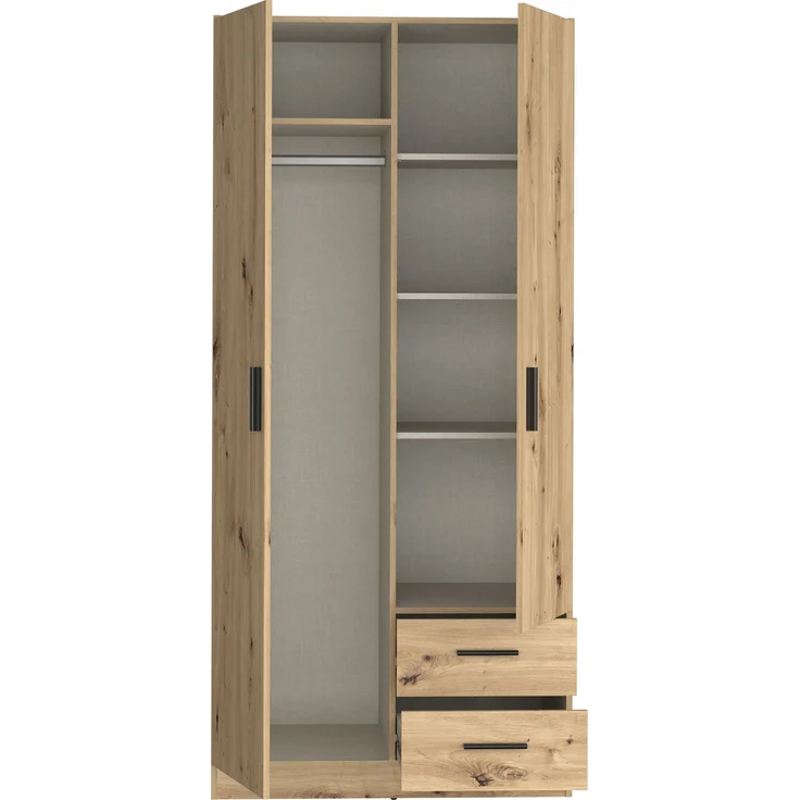 Forte JOAKIM Kleiderschrank 90, Skandi-Stil Schrank, 2-türig, 2 Schubladen, Einlegeböden, Kleiderstange, Holzwerkstoff, Artisan Eiche Holzdekor, 90,8 cm breit x 197 cm hoch x 54 cm tief – Bild 4