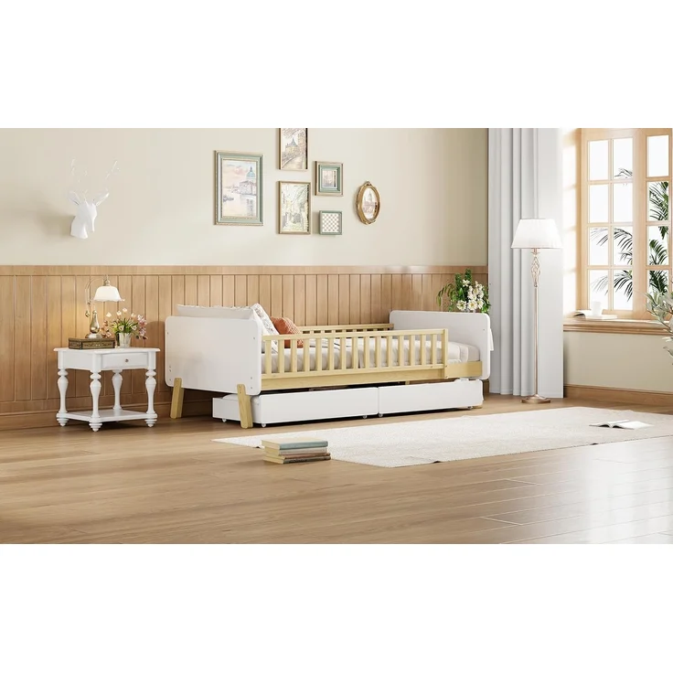 Ball & Cast Kinderbett (90x190cm) mit 2 Schubladen und Rausfallschutz, Juniorbett aus Massivholz mit Lattenrost, Einfach & Zeitsparend Montierbar, Weiß – Bild 4