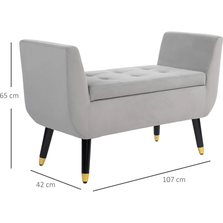 HOMCOM Sitzbank mit Stauraum Armlehnen, Samtartiges Polyester (Truhenbank, 1-St, Polsterbank), Gummiholz Hellgrau 107 x 42 x 65 cm – Bild 2