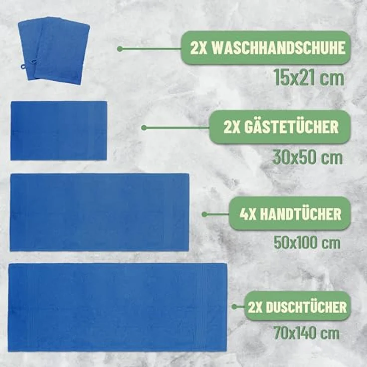 Green Mark Handtuch-Set mit 10 Teilen – 100% Baumwolle – 4 Handtücher 50×100 cm, 2 große Duschtücher 70×140 cm, 2 Gästetücher 30×50 cm und 2 Waschhandschuhe – Royalblau – Bild 3