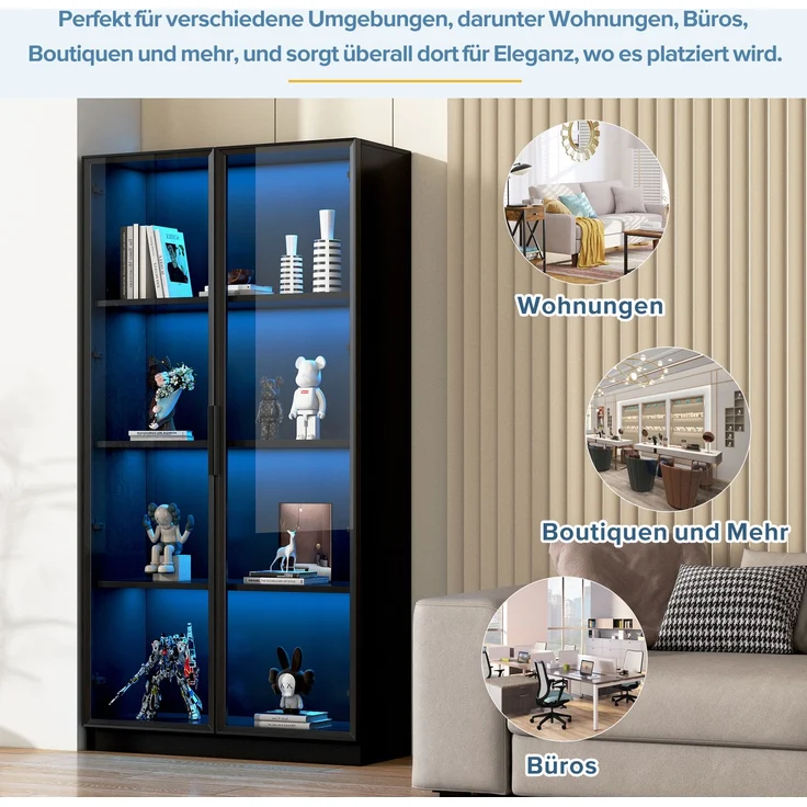 Vitrine aus schwarzer Spanplatte mit Glastüren und App-gesteuerter LED-Beleuchtung,H 160 x T 160 x B 40 cm – Bild 8