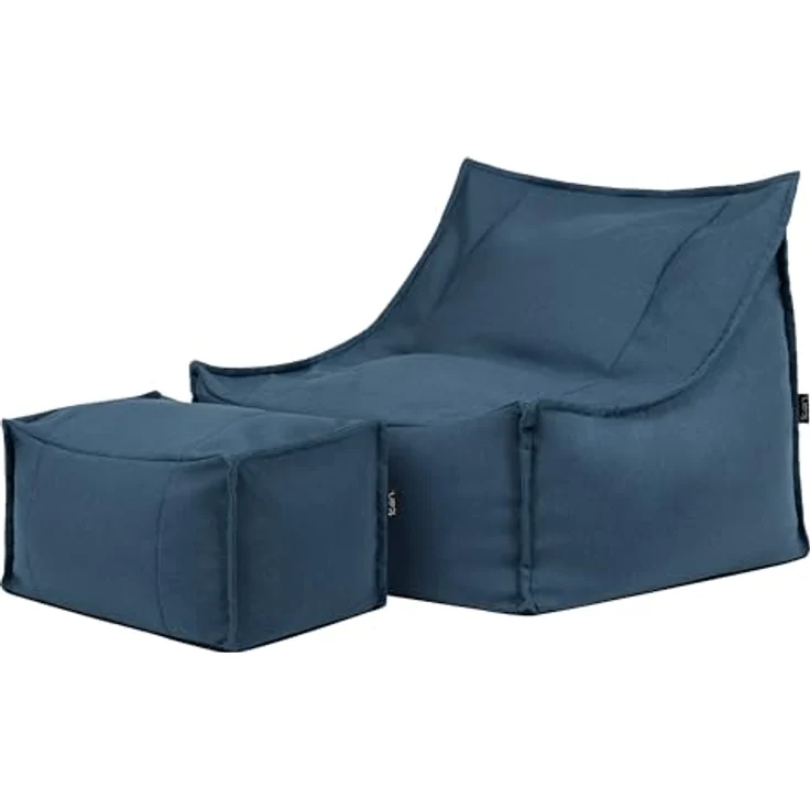 Icon Alto Sitzsack Sessel mit Hocker, Denimblau, Olefin Stoff für Drinnen und Draußen, Riesen Sitzsack mit Füllung, Bequemer Sessel, Garten, Terrasse, Lounge, Wohnzimmer – Bild 1