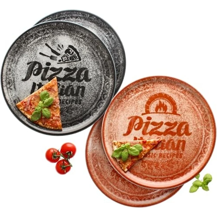 MamboCat Pizzateller 4x Pizzateller rot & schwarz Ø31cm 4 Personen XL-Teller Dekor Platte – Bild 1