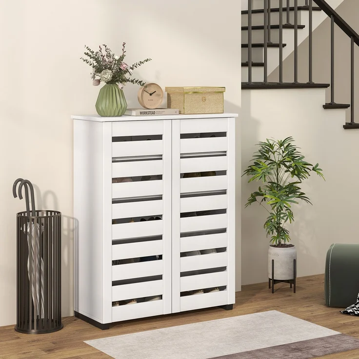 Mobiler Schuhschrank mit 5 Ebenen, 4 verstellbaren Einlegeböden und Lamellentüren, aus Holz, 76 x 33 x 98 cm, Weiß – Bild 4