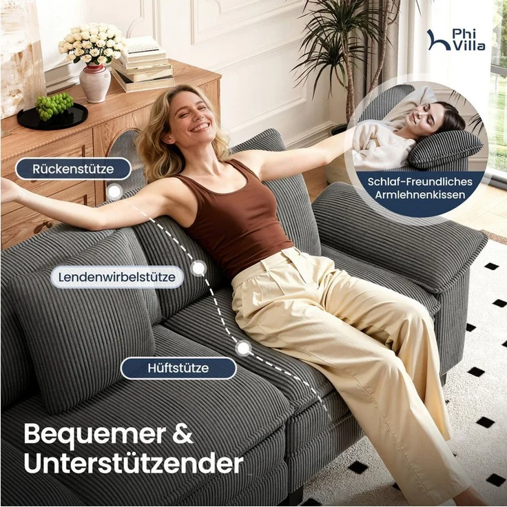 PHI VILLA Ecksofa L-Form Couch, 4-6-Sitzer-Sofa, Modulare Sofas inklusive Zierkissen und Ottomane für das Wohnzimmer – Bild 4