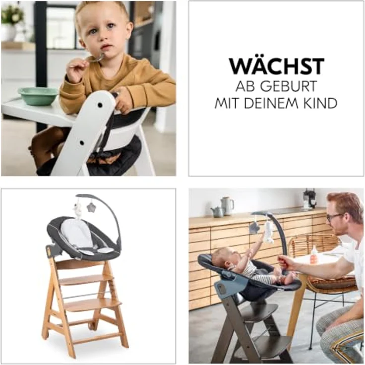 hauck Beta+ Hochstuhl Newborn Set mit Deluxe Bouncer - Natural | Mitwachsender Holz Kinderhochstuhl mit Rollen ab Geburt bis 90 kg | inkl. Neugeborenenaufsatz, Essbrett & Sitzkissen – Bild 9