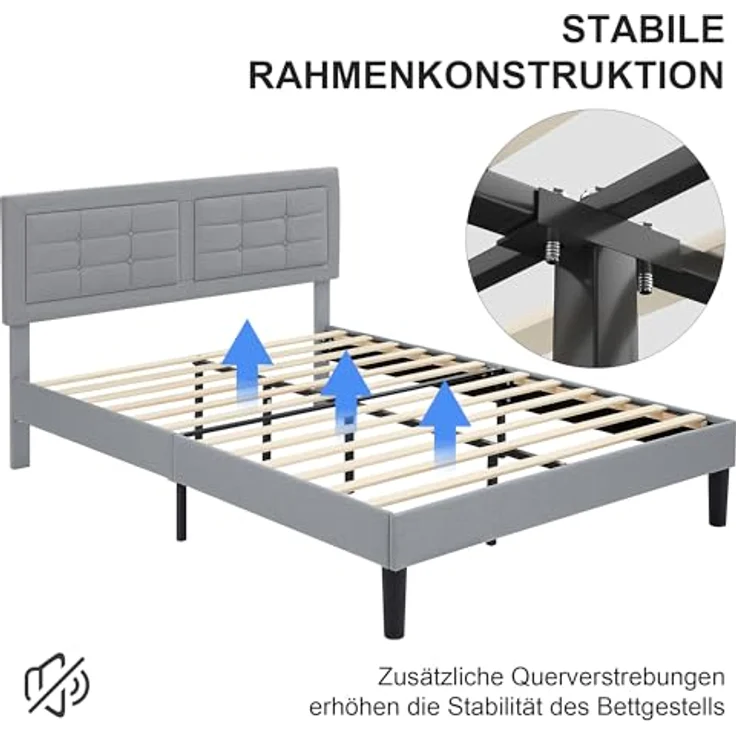 VECELO Polsterbett 140x200 cm, Doppelbett mit Höhenverstellbarem Kopfteil, Bett Bettrahmen mit Lattenrost, Gepolstertes Bettgestell Jugendbett für Schlafzimmer Gästezimmer, Hellgrau – Bild 6