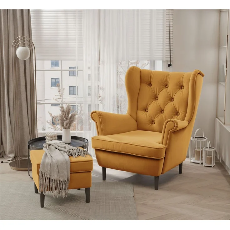 Sessel Ohrensessel NINON inkl. Hocker in Stoff Trinity Honiggelb – Bild 1