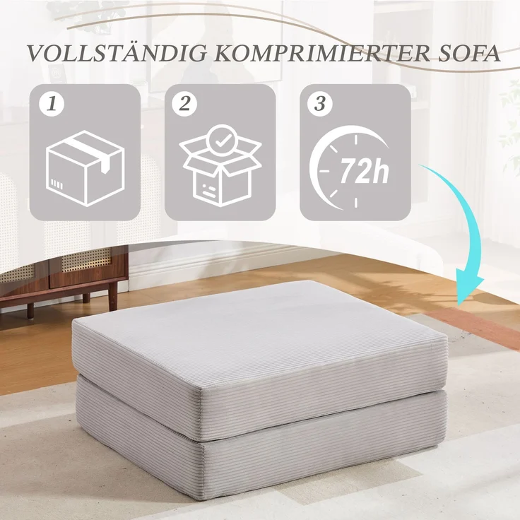 Cord-Kompressionshocker – weich, hautfreundlich, 2 dicke Schaumstoffblöcke für hohen Sitzkomfort, Ausklappbar zum Einzelsessel – platzsparend, vielseitig, frei kombinierbar – ideal für jeden Raum.--Hellgrau--109x95x43cm--YOUDENOVA – Bild 4