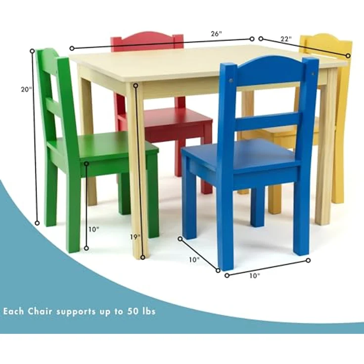 Humble Crew bunter Holztisch für Kinder, Natur/Primärfarben! Mit 4 Stühlen, ideal für Kinderzimmer. Fröhlichen Spielspaß schaffen – Bild 5