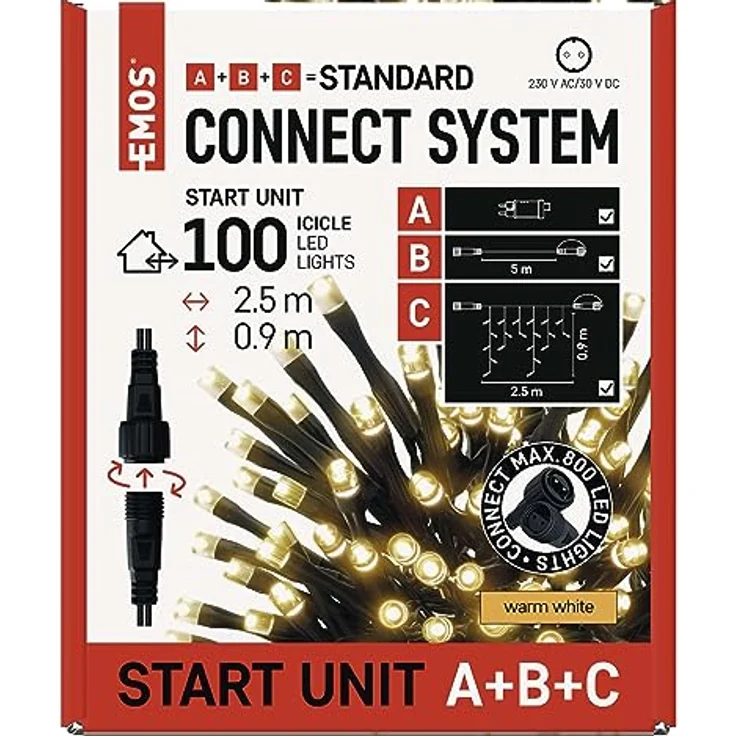 EMOS Connect System Basis Set Standard, 2,5m Eisregen Weihnachtslichterkette + 5m Verbindungskabel + Netzteil mit Timer, 100 LEDs, IP44 für Innen und Außen, Warmweiße Lichtfarbe, 6/18h Leuchtmodus – Bild 8