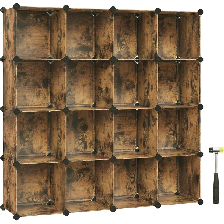 Songmics Schuhregal, Regalsystem, Steckregal, Set aus 16 Würfeln, DIY Regal, stapelbar, aus PP-Kunststoff, als Garderobe, für Schlafzimmer, Büro, 31 x 123 x 123 cm, vintagebraun LPC442A01 – Bild 1