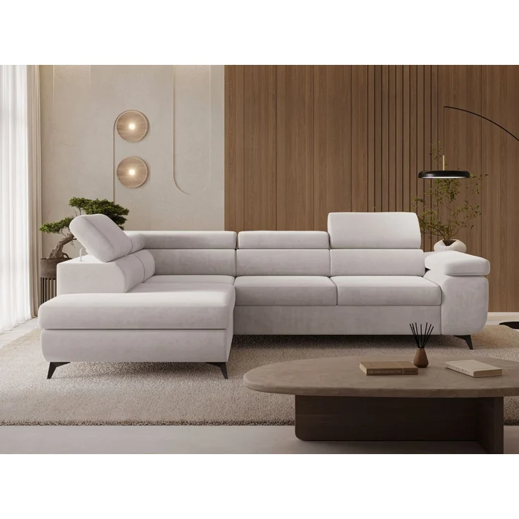 GRAINGOLD Ecksofa ARGON mit Bettfunktion, Bettkasten, Einstellbaren Kopfstützen, Velvet-Stoff, Grau, Links – Bild 1