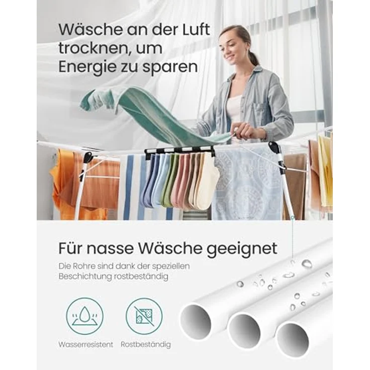 SONGMICS Wäscheständer, Standtrockner 56,5 x 173 x 96,5 cm, Flügelwäscheständer, Flügelwäschetrockner platzsparend, mit Sockenhalter, Metall, für Kleidung, Handtücher, Wäsche, weiß LLR518W01 – Bild 7