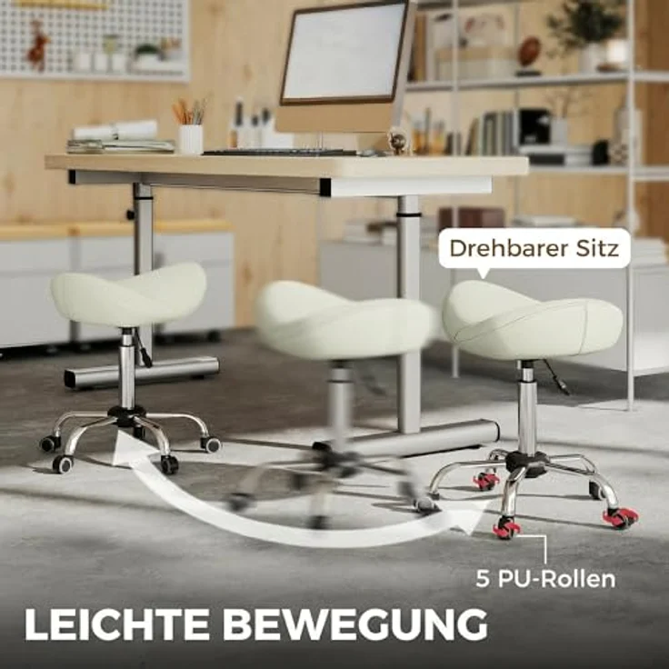 HOMCOM Rollhocker Höhenverstellbar 55-71 cm Sattelhocker Cremeweiß | Drehhocker, Arbeitshocker, 360° Drehbar, Bürohocker, Dick Polster, für Büro Salon Massage Spa – Bild 5