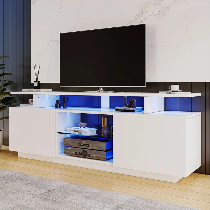 DESVIAE TV-Schrank mit 2 Türen und LED-Beleuchtung 140x55x35 cm Spanplatte Weiß – Bild 1