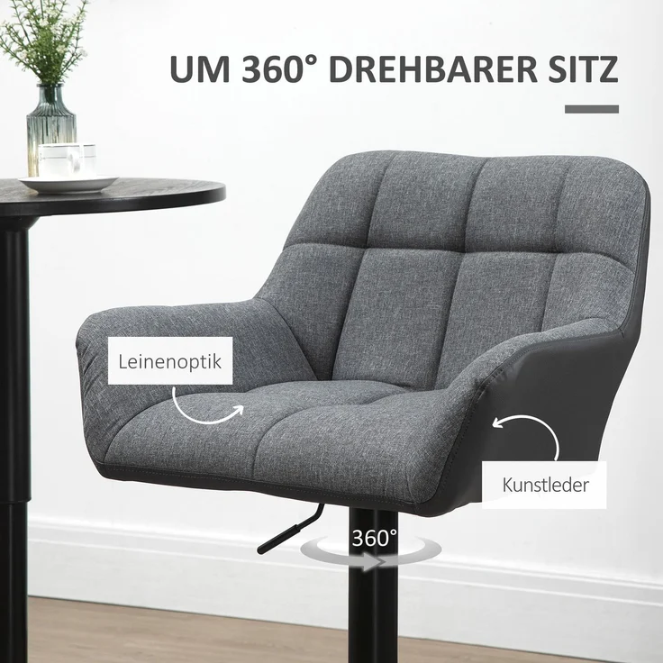 Barhocker 2er-Set B 52,5 x T 57,5 x H 93–114 cm, höhenverstellbar, drehbar, graue Leinenoptik – Bild 6