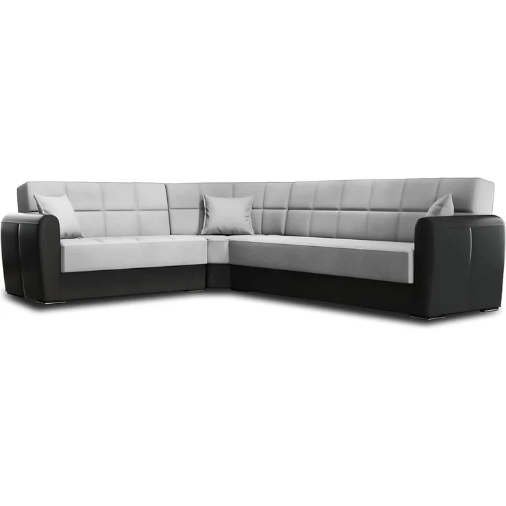Dmora Matias, Schlafsofa, Ecksofa, aus Kunstleder und Stoff, Wohnzimmer mit Klick-Klack-Öffnung und wendbarer Halbinsel, 305x238 cm, Schwarz und Hellgrau, Leinen – Bild 2