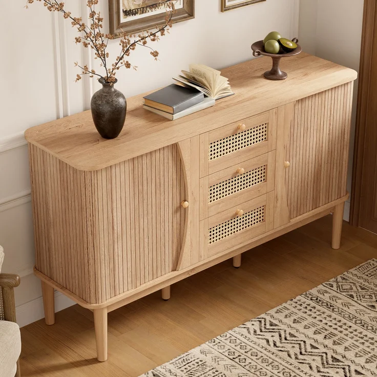 ZUBALIYA Kommode 141x40x77 cm, mit verstellbaren Einlegeböden, aus MDF, Natur – Bild 12