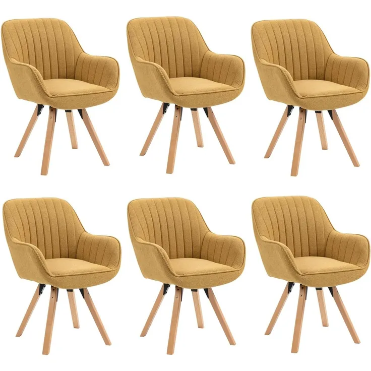 MEUBLE COSY Esszimmerstühle Drehbar 6er Set Küchenstuhl Polsterstuhl Drehstuhl mit Armlehne Sessel Schminkstuhl aus Stoff Massivholzbeine für Esszimmer Wohnzimmer Arbeitszimmer, Gelb