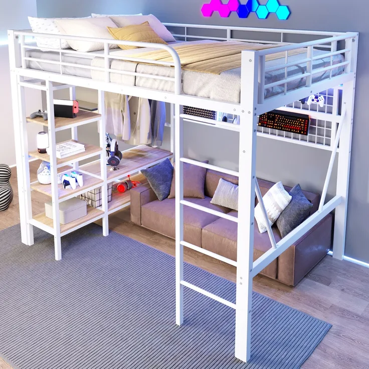 Hochbett, 140x200 cm, Eisenrahmen, Ablagefach, Netz zum Aufhängen von Gegenständen, mit Kleiderstange, offener Raum unter dem Bett, mit LED-Lichtleiste, ohne Matratze, Weiß