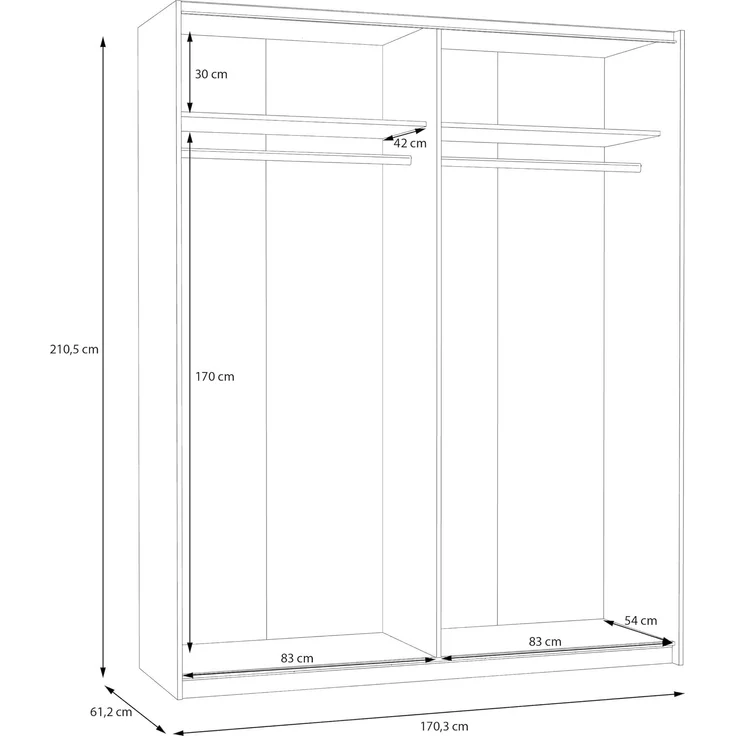 Forte Schach & MATT 2 Schrank 170, moderner Kleiderschrank 2-türig mit Spiegel, Schwebetürenschrank, Holzwerkstoff, Weiß, 170,3 cm breit x 210,5 cm hoch x 61,2 cm tief – Bild 7