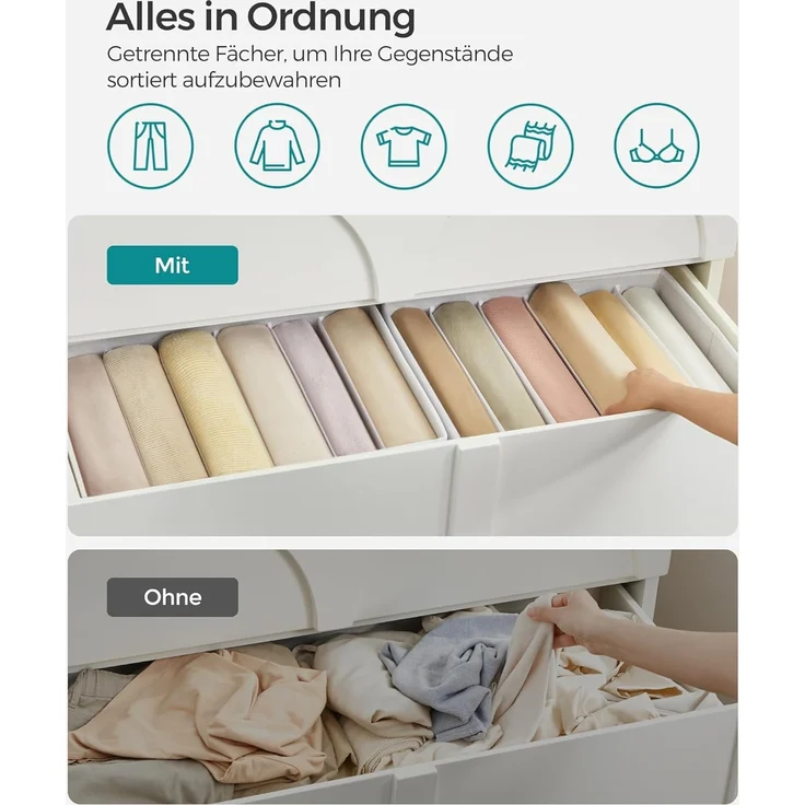 SONGMICS Kleiderschrank-Organizer 4er Set, Aufbewahrungsbox 6 Fächer, Schubladen-Ordnungssystem, Ordnungsboxen faltbar, 42 x 30 x 17 cm, für Hosen, Kleidung, wolkenweiß RUSDE009W04 – Bild 3