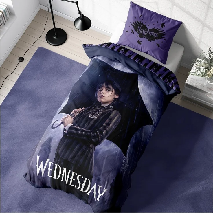 MTOnlinehandel Bettwäsche Wednesday 135x200 + 80x80 cm, Nevermore Fanartikel, Mikrofaser, 2 teilig, Addams Family, Serie, Geschenkidee für Teenager – Bild 1