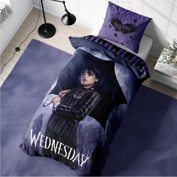 MTOnlinehandel Bettwäsche Wednesday 135x200 + 80x80 cm, Nevermore Fanartikel, Mikrofaser, 2 teilig, Addams Family, Serie, Geschenkidee für Teenager