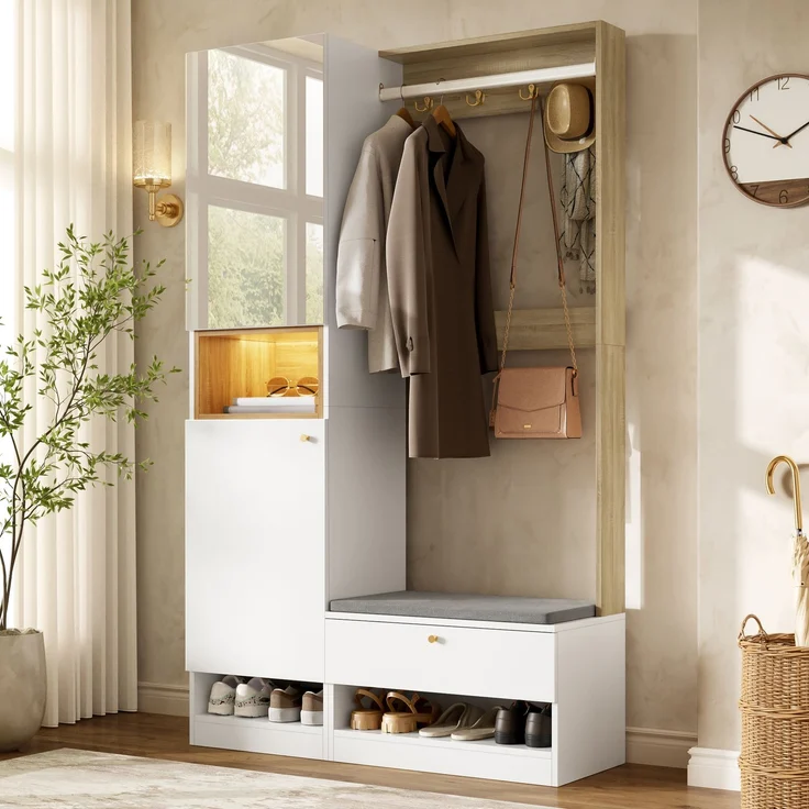 Garderoben-Set B 105 x T 35 x H 180 cm aus Spanplatte mit Sitzbank, Spiegel und LED-Beleuchtung – Bild 4