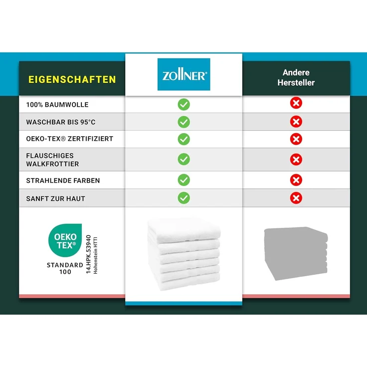 ZOLLNER 6er Set Handtücher, 50x100 cm, 100% Baumwolle, weiß – Bild 6