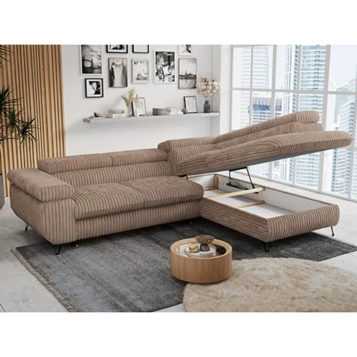 Mks Möbel 'Peter L-form' Ecksofa mit Bettfunktion, Bettkasten & einstellbaren Kopfstützen, Braun, Cord, rechts – Bild 5