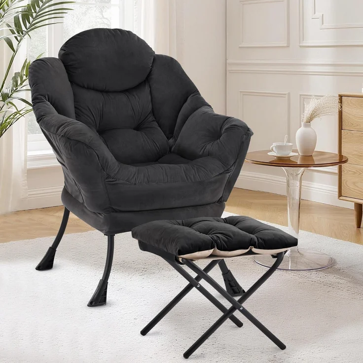 Sessel Lazy Chair Ottomane Ohrensessel Lesesessel Fußhocker Schwarz – Bild 1