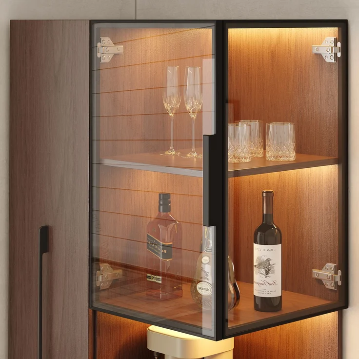 ZUBALIYA Vitrinenschrank 70×38×160 cm mit Ausziehregal – Doppelglas-Standvitrine LED, MDF-Schrank Walnuss, Glasvitrine & Aufbewahrung, multifunktionaler Hochschrank für Wohnzimmer, Esszimmer, Küche – Bild 4