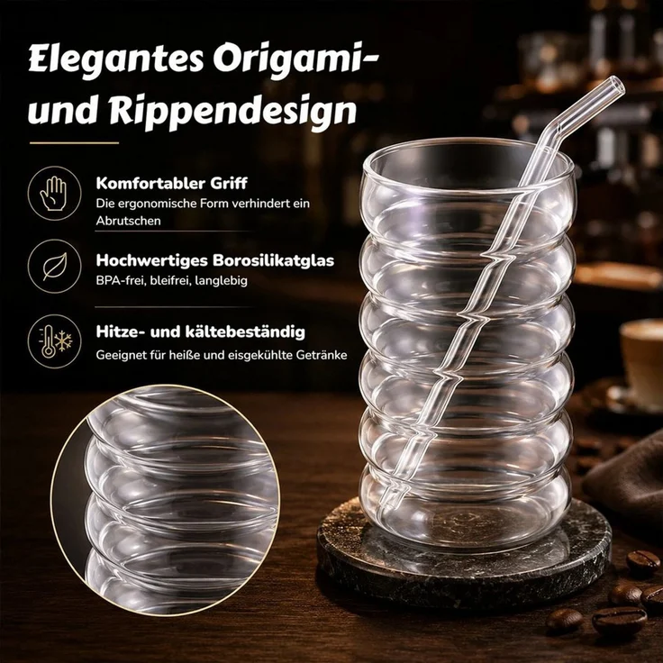 BlingBin Latte-Macchiato-Tasse Gerippte Trinkgläser Getränkegläser, Espressotassen Gläser Set, 4-tlg, Glas, Kaffeetassen Mit 4 Straws Für Cappuccino, Latte, Kaffee, Milch, 500ML – Bild 4