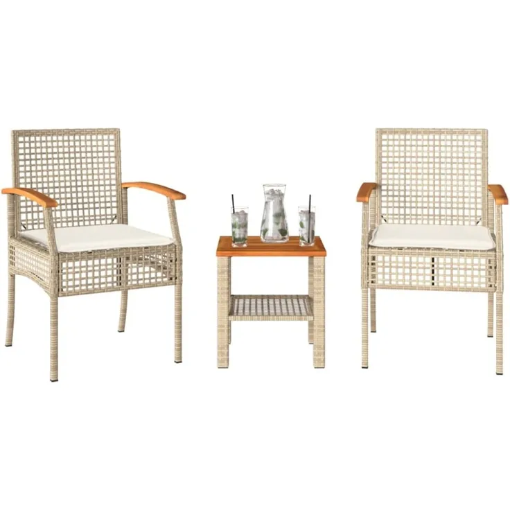 vidaXL 3-tlg. Bistro-Set mit Kissen Beige Poly Rattan Akazienholz 366261
