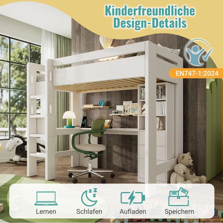 Hochbett Einzelbett mit Holzlattenrost, USB/Type-C Ladebereich, L-förmigem Schreibtisch, Regalen und Schubladen,ohne Matratze – Bild 9