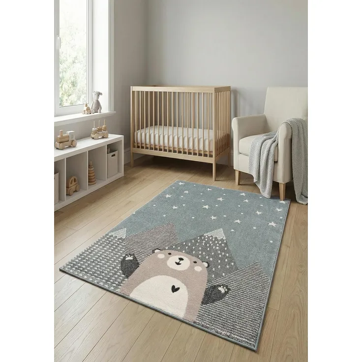 Teppich Kinderzimmer - Teppiche für Kinderzimmer, Kinderteppich Junge, Kinderteppich mit Bergen, Bär, Panda, Sterne, (Türkis-Beige, Größe: 80x150 cm)