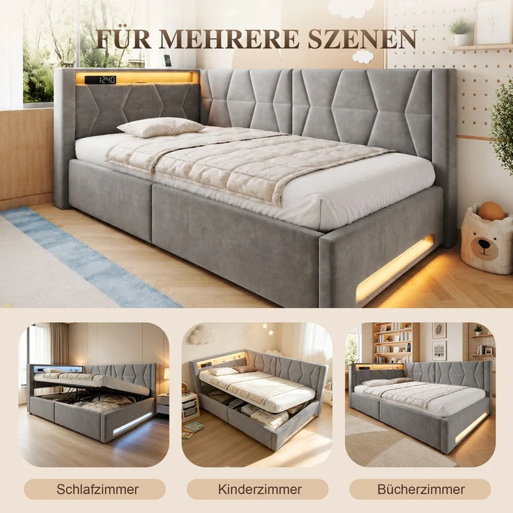 LVHOM Einzelbett 90x200 cm mit Stauraum, Polsterbett mit LED, USB und Type-C, Jugendbett, Hydraulischem Bettgestell, Samt, Grau – Bild 8